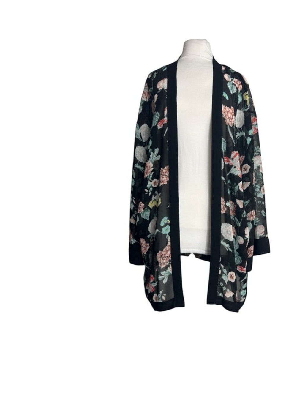 Vince Camuto Open Front Cardigan Size XL Black Pink Floral Kimono Style
